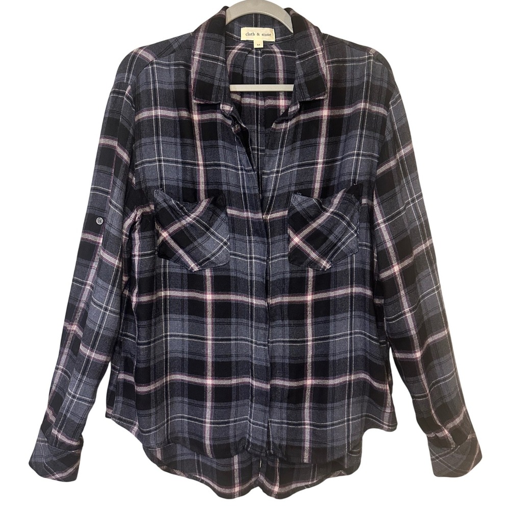 Anthropologie Cloth & Stone Plaid Shirt Black Gray Pink‎ Medium Top Casual